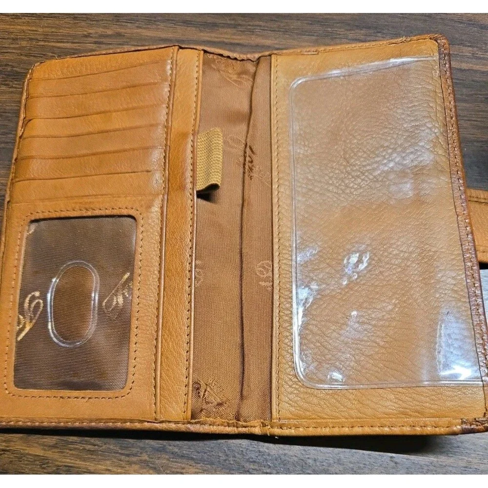 Vintage Fossil Brown Leather Trifold Checkbook Wallet Clutch Pen Loop Y2K